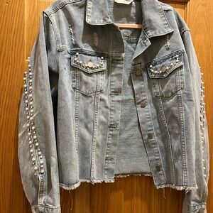 Savanna Jane Light Blue Denim Jacket with Pearl Embellishments